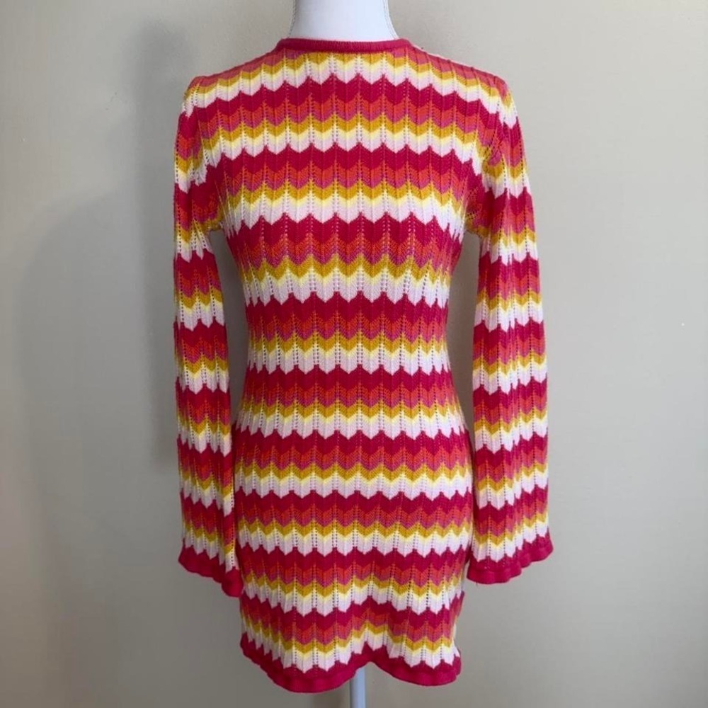 Open Back Crochet Striped Mini Dress/Swimsuit Cover Flared Sleeve Sz L Hippie